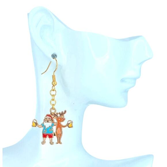 Santa and reindeer cheers dangle earrings holiday Christmas jewelry - Picture 2 of 5